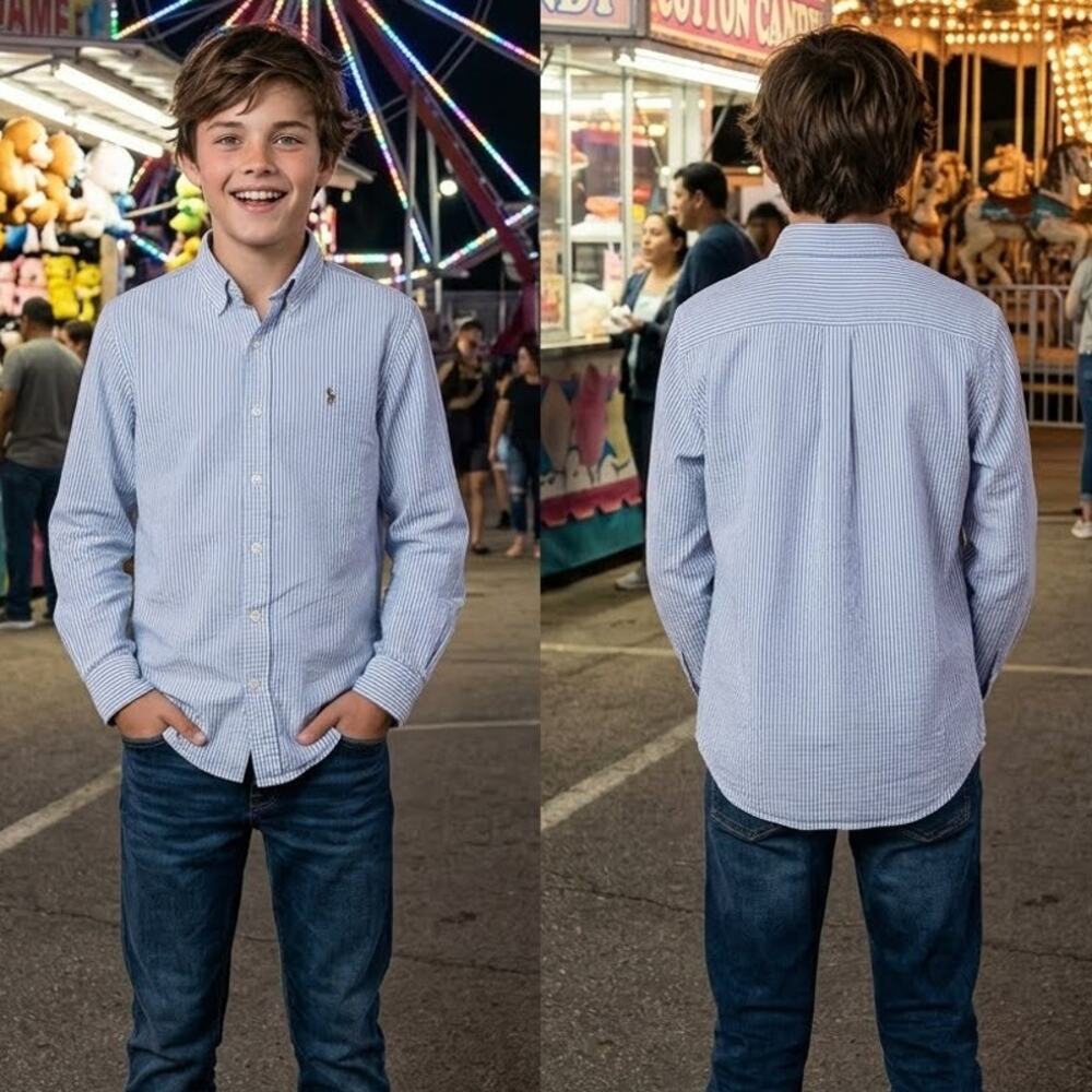 Vintage Polo Ralph Lauren Blue White Stripe Button Long Sleeve Shirt Boys 12